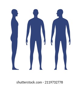 Front and side views human body silhouette of an adult male. Shadow of a standing man with a head turned to the shoulder