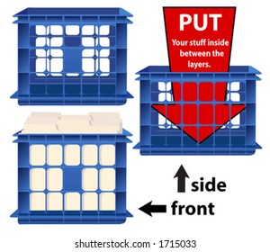 Front and side views (including file folders) of a storage crate. Each crate is a Front and Rear layer, so you can insert your graphics and text 'into' the crate.