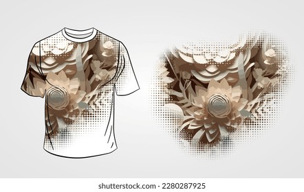La parte delantera de la camiseta blanca aislada en un fondo gris con tema floral