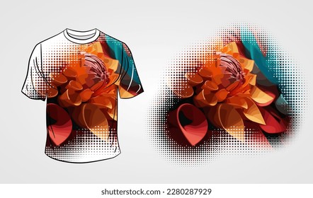 The front side of the white T-shirt isolated on a grey background with flowers subject