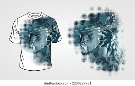 The front side of the white T-shirt isolated on a grey background with flowers subject