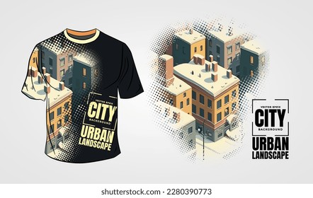 La parte delantera de la camiseta blanca aislada en un fondo gris con tema de ciudad