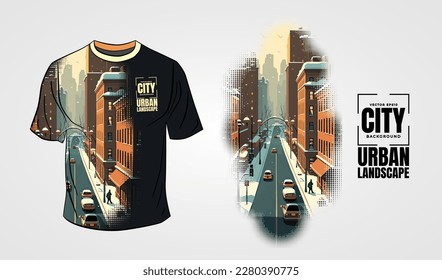 The front side of the white T-shirt isolated on a grey background with city subject