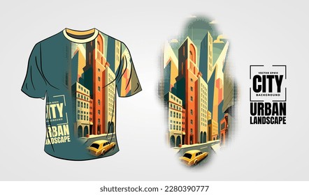 The front side of the white T-shirt isolated on a grey background with city subject