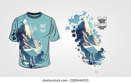 The front side of the white T-shirt isolated on a grey background with mountain subject