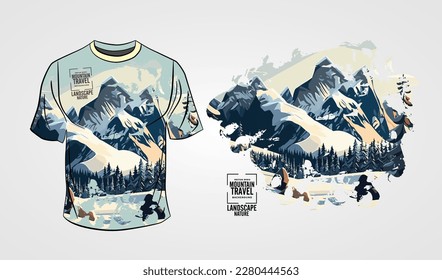 The front side of the white T-shirt isolated on a grey background with mountain subject