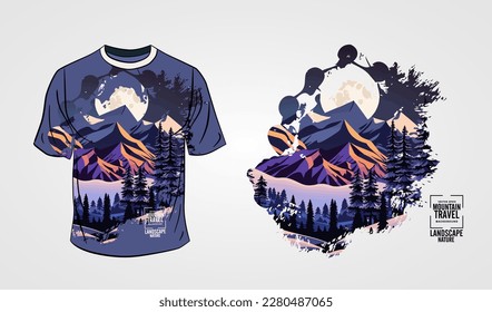 La parte delantera de la camiseta blanca aislada en un fondo gris con tema de montaña