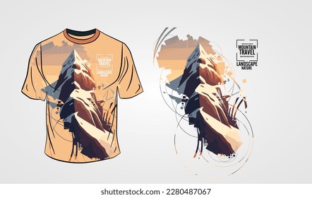 The front side of the white T-shirt isolated on a grey background with mountain subject