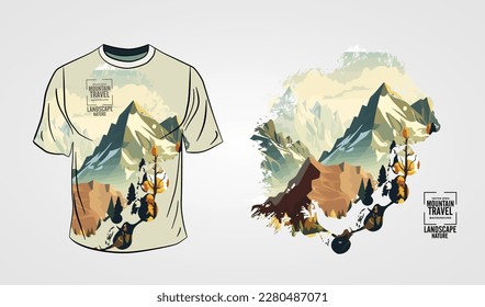 The front side of the white T-shirt isolated on a grey background with mountain subject