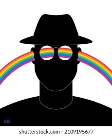 Front silhouette of a man wearing a hat. A rainbow passes through his head, going in one ear and out the other and showing in his spectacles