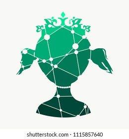Front silhouette of a princess or queen. Cute adolescent girl portrait. Bun hairstyle. Fashion branding emblem