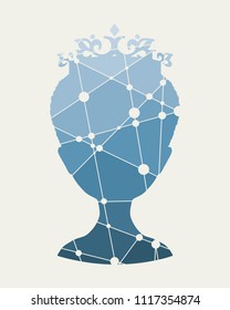Front silhouette of a princess or queen. Cute adolescent girl portrait. Fashion branding emblem. Textured by connected lines with dots.