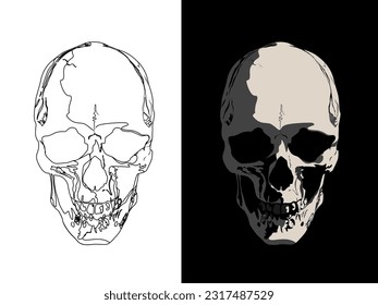 Front Skull black and white illumination with the outline foe easy stencil tattoo printing, tattoo black style.