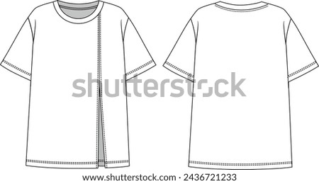 Front slit, crew neck, unisex t shirt CAD, tshirt design template, basic clothes, women, men, teenager fashion drawings