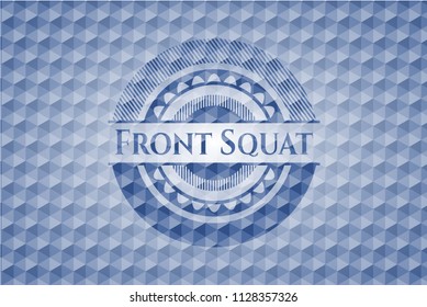Front Squat blue emblem or badge with abstract geometric pattern background.