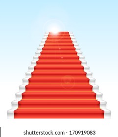 Front staircase and red carpet. On blue sky background. Vector illustration.