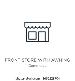 Vorverkauf mit Markisensymbol. Dünner linearer Front-Store mit Markisensymbol einzeln auf weißem Hintergrund aus der Handelskollektion. Vektorillustration der Linie, Symbol für Web und Mobilfunk