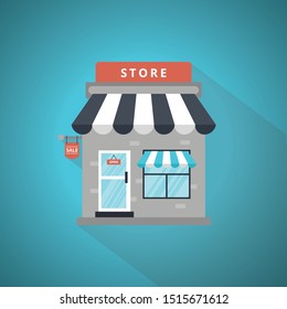 Front Store Flat Design Icon Vector. Blue Theme Concept