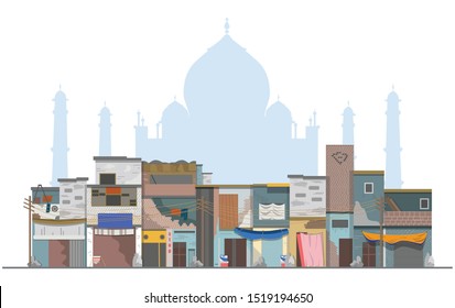 Front street in India with different dilapidated houses. Silhouette of Taj Mahal in the background