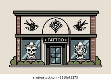 Front of a stylish tattoo shop with swallows, a skull, and a tiger head on display in the windows for an urban parlor atmosphere.
