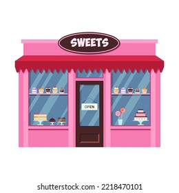 Front of sweets shop vector illustration. Traditional shop building. Small business, retail concept