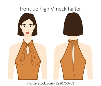 Front tie high V - neckline halter clothes character beautiful lady in ochre top, shirt, dress technical fashion illustration with fitted body. Flat apparel template front, back sides. Women, men CAD