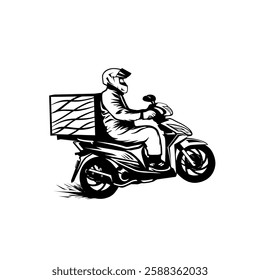 front tire jumping package delivery motorcycle rider traveling at high speed black and white vector line art