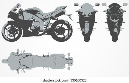 Front, top, back and side chopper projection. Flat illustration set for designing motorbikes icons