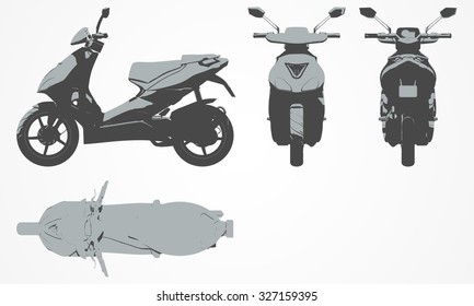 Front, top, back and side scooter projection. Flat illustration set for designing motorbikes icons