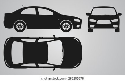 Front, top and side car projection. Flat illustration for designing icons 