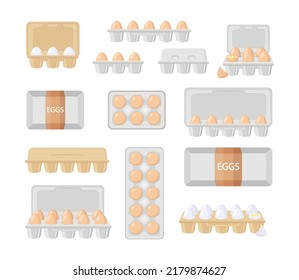 Front and top view of eggs in boxes vector illustrations set. Fresh chicken eggs in open and closed cardboard containers with label isolated on white background. Agriculture, farming, food concept