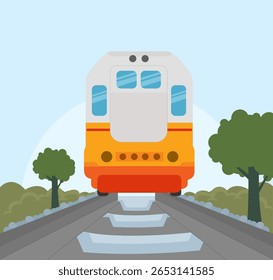 The front of a train locomotive moving on rails. Flat design.