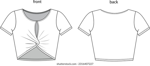 Ilustración superior recortada de la mujer de torsión frontal, camiseta de moda jersey, plantilla en blanco delantero y trasero