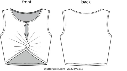 Front twist woman cropped top illustration, jersey fashion 
athlete, front and back blank template