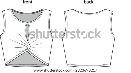 Front twist woman cropped top illustration, jersey fashion 
athlete, front and back blank template