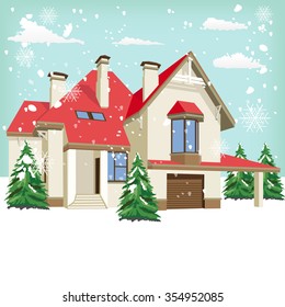 The front of typical American home in winter