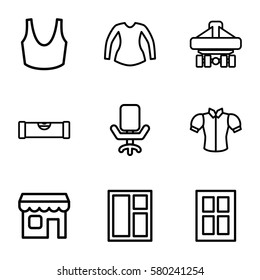 Front Vector Icons. Set Of 9 Front Outline Icons Such As Level Ruler, Window, Sport Bra, Blouse, Cargo Plane Back View, Shop