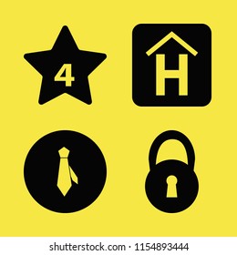 front vector icons set. with hotel four stars, hotel sign, tie and lock in set