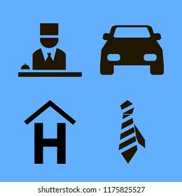 front vector icons set. with hotel reception, hotel sign, car and tie in set