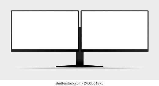 vista frontal de 2 pantallas de monitor de computadora de simulación con vector de pantalla blanco en blanco