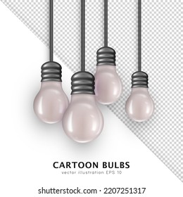 Front view of 3D realistic hanging on a wire Edison bulbs isolated on transparent background. Vector cartoon glowing fluorescent lightbulbs. Three dimensional bright white filament lamps.