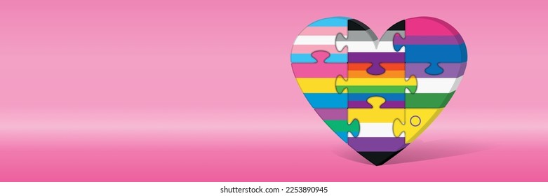 Front view of 9 Pride flags inside puzzle pieces forming a heart against pink background. Vector image