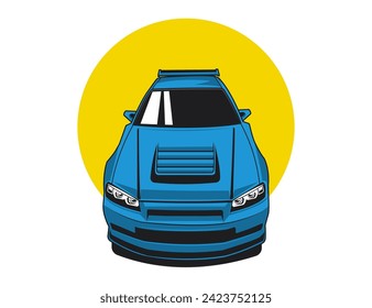 front up view 90s car vector illustration graphic in blue accent