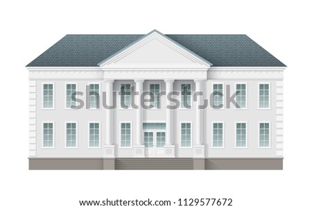 Front view of administrative governmental building. Traditional classic architecture of building with beautiful entrance and columns.