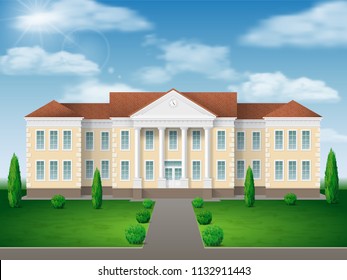 Front view of administrative, governmental, school or college building. Traditional classic architecture of building with beautiful entrance and columns.