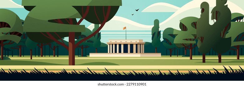 front view of administrative governmental traditional classic building with columns public summer city park
