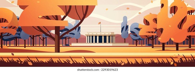 front view of administrative governmental traditional classic building with columns public autumn city park