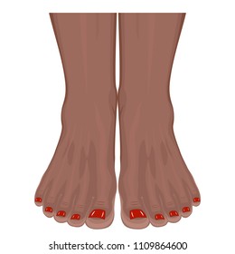 Front view of African American human feet with colored toenails. Vector illustration for advertising, medical (health care) publications. EPS 10.