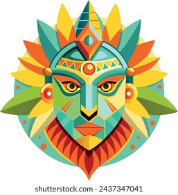 Front view of African man mask in geometric style with warm colors. Vector image