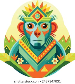 Front view of African mask shaped like a chimpanzee head in geometric style with warm colors. Vector image